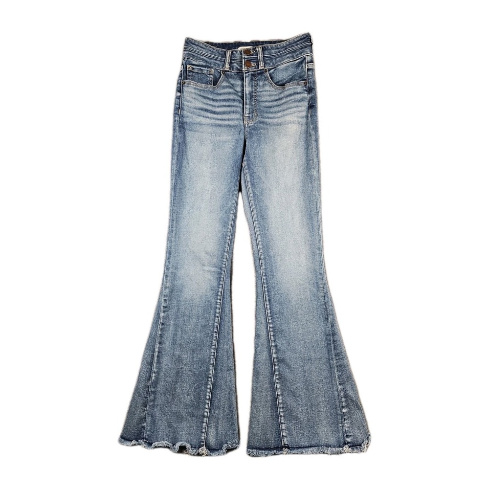 BKE Billie High Rise Super Flare Jeans Womens 28x32 Slim Fit Raw Hem Distressed